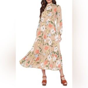 LOST + WANDER Sweet Whispers Long Sleeve Midi Dress In Natural Floral Size Large